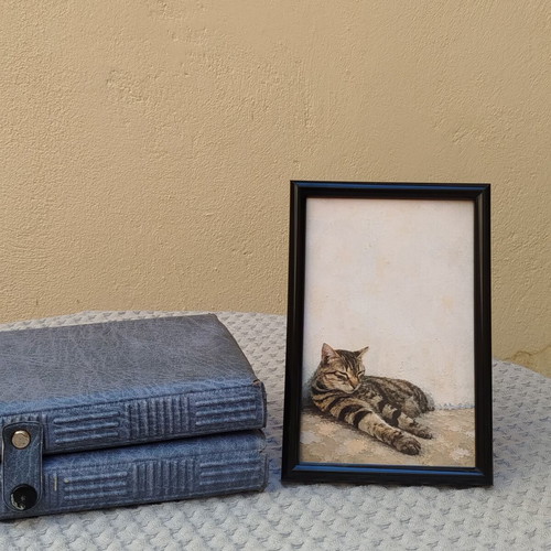Small frame with Aegean tabby cat 10x15, black frame, minimal summer decor