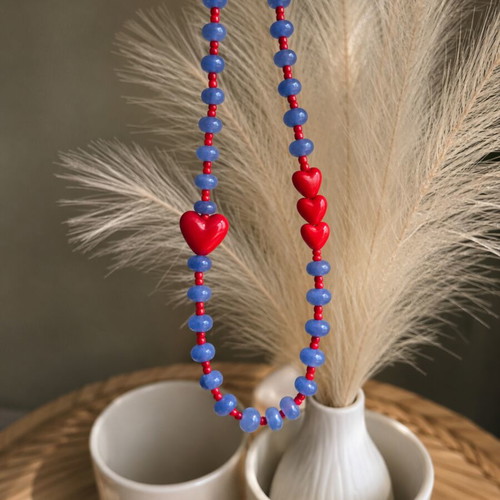 Handmade blue and red necklace with hearts