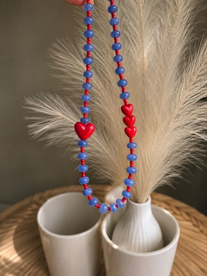 Handmade blue and red necklace with hearts