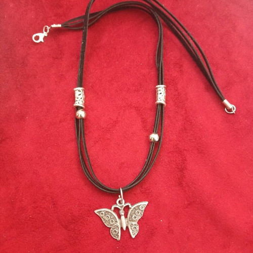 Butterfly necklace suede and leather new, black and silver