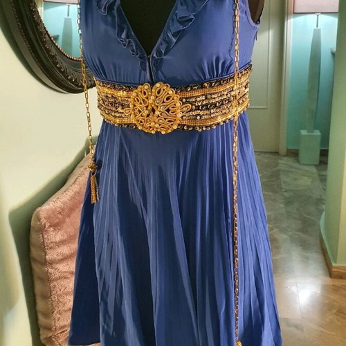 Women's dress like new, electric blue with gold designs and embroidered belt