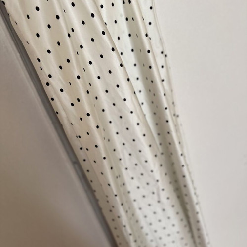 White satin maxi polka dot dress with black lace details, like new