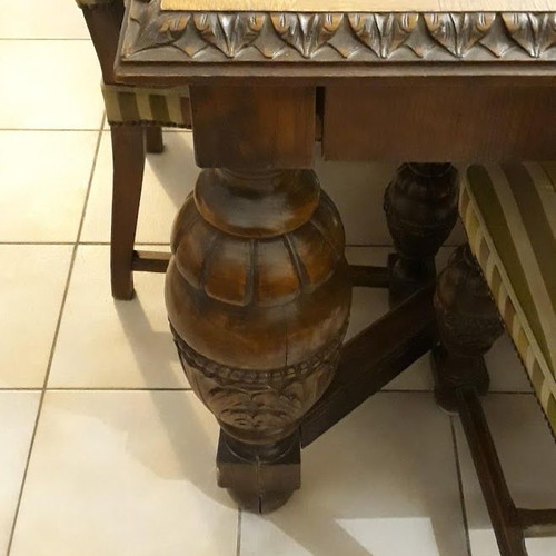 Tudor dining set used, handmade carved walnut with 6 chairs