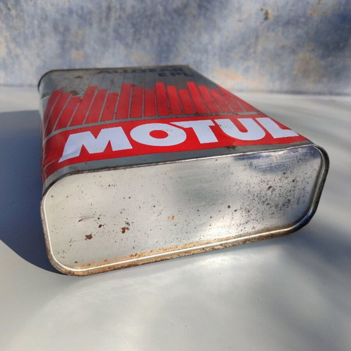Motul tin oil can used, 80s 90s, with marks and rust