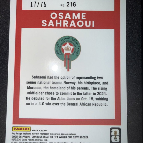 2025-26 Panini Donruss Road to FIFA World Cup 26 Osame Sahraoui Rated Rookie Optic Red card like new