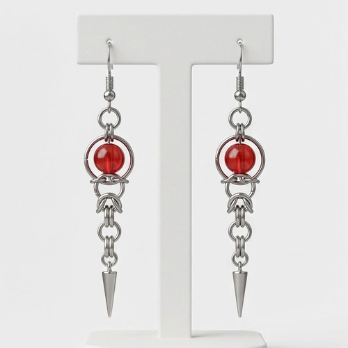 Steel chainmail earrings with red stones new