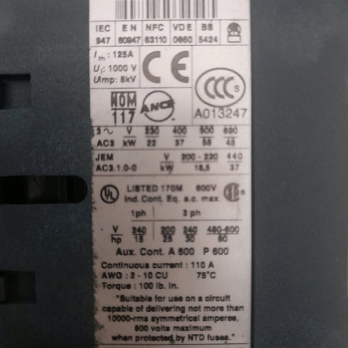 Ρελέ ισχύος 37kW 125A μεταχειρισμένο με 2 βοηθητικές επαφές