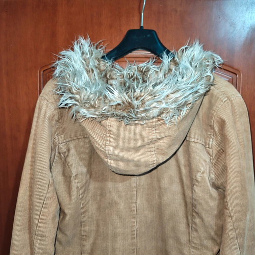 Vero Moda corduroy duffle coat with faux fur hood, tan