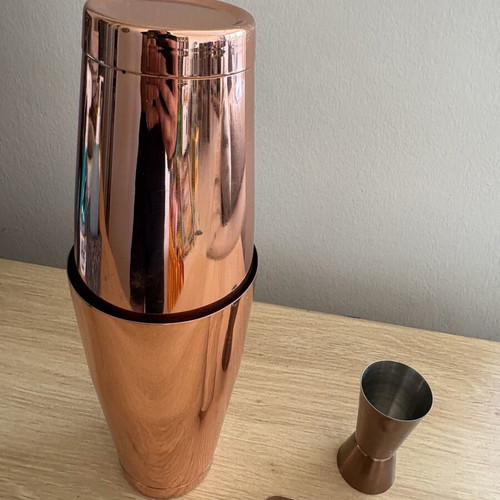 Hendi Tin Tin Copper stainless steel cocktail shaker, jigger and tongs