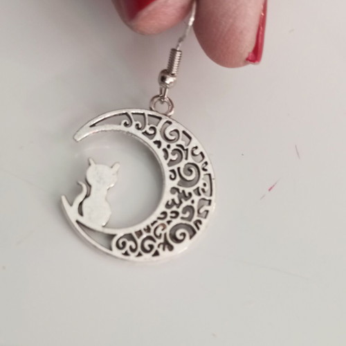 Cat and Moon Earrings new, stainless steel, silver color