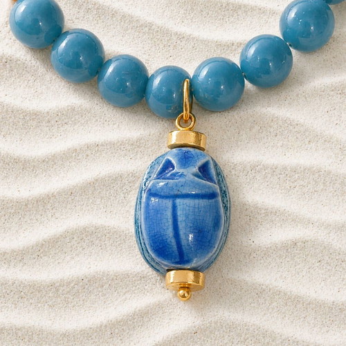 Handmade steel necklace with amazonite and scarab pendant new, turquoise and gold