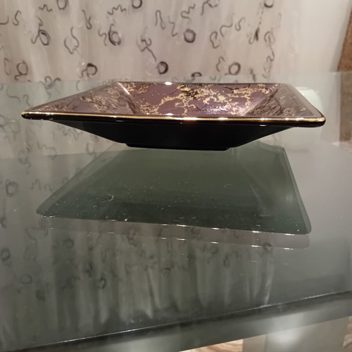 Glass embossed serving platter used, square with damask and gold details
