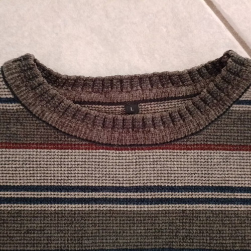 Men's striped wool sweater size L like new, gray and brown