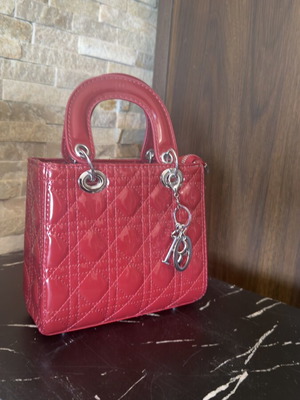 Dior handheld bag, burgundy patent leather with silver details