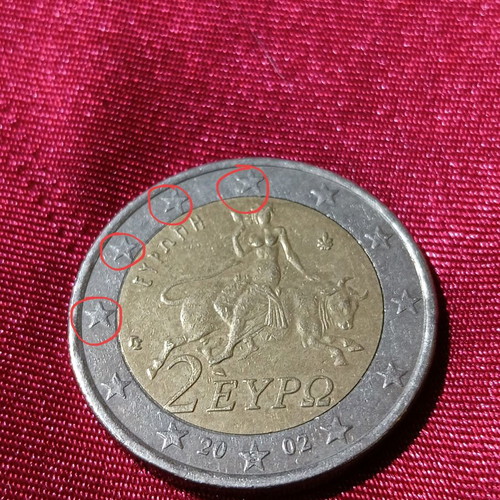 Greek 2 euro coin 2002 S used with errors