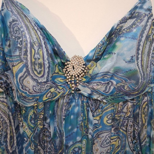 Charly silk evening dress like new, blue paisley with beads