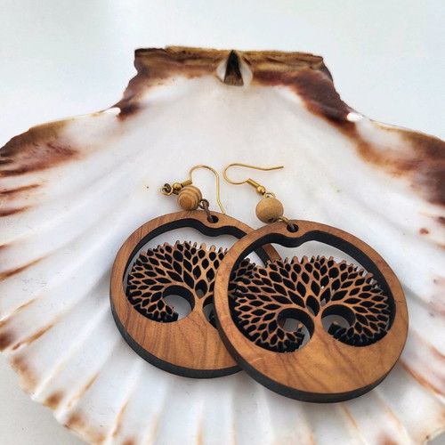 Handmade wooden earrings hanging hypoallergenic with tree of life