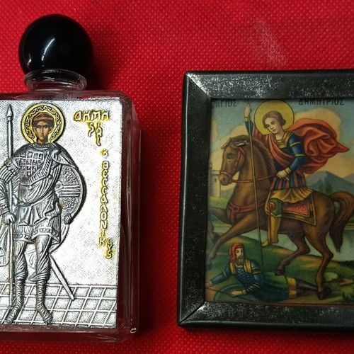 Saint Demetrios Thessaloniki vintage icon set with holy water bottle used