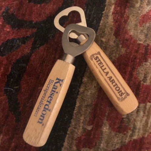 Set of 2 wooden Stella Artois and Kaiserdom collectible bottle openers, vintage 25 years