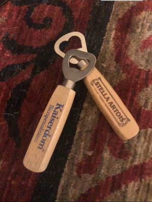 Set of 2 wooden Stella Artois and Kaiserdom collectible bottle openers, vintage 25 years