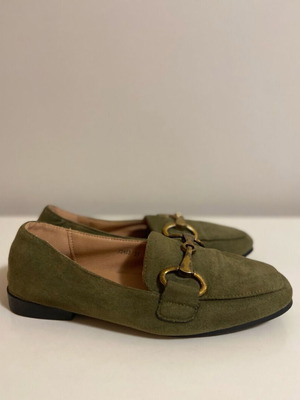 Suede moccasins used, olive color with gold buckle, size 37