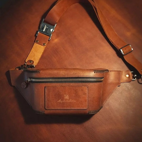 Handmade leather banana bag new, brown and green