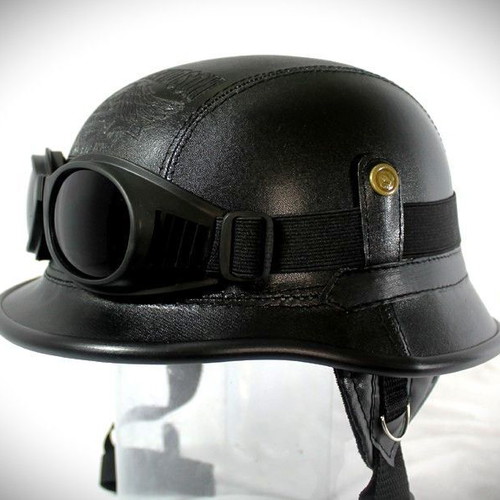 Luis handmade vintage motorcycle helmet with goggles, black matte, size L