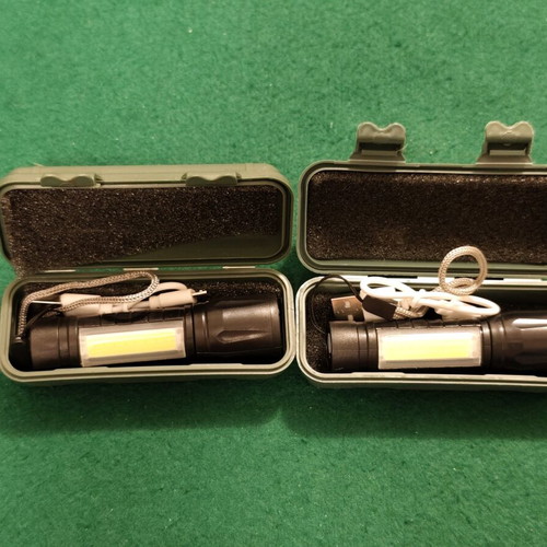 Set of 2 small rechargeable LED COB flashlights with USB cable and plastic carrying case