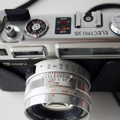 Yashica Electro 35 camera used with flash and case