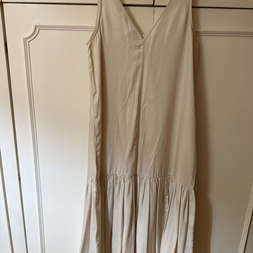 H&M long dress beige satin with V neckline and drop waist, like new