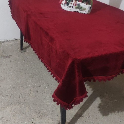 Velvet tablecloth used, burgundy with imperfections