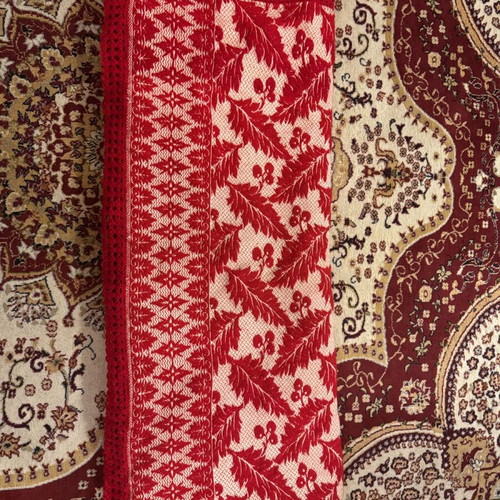 Wool woven throw like new, red with handmade lace edging