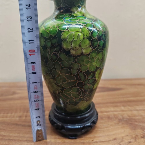 Cloisonné enamel vase set 16 cm like new, green shades