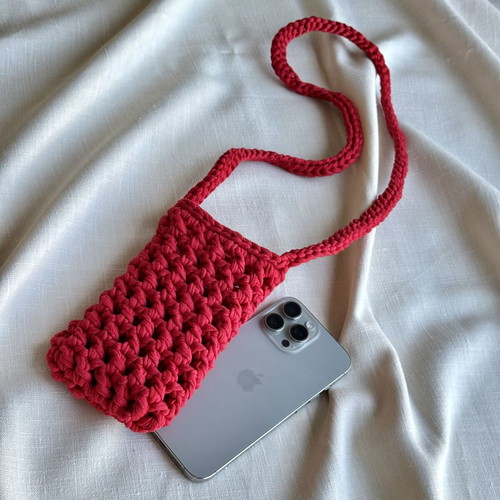 Handmade Crochet Crossbody Phone Pouch, New, Red