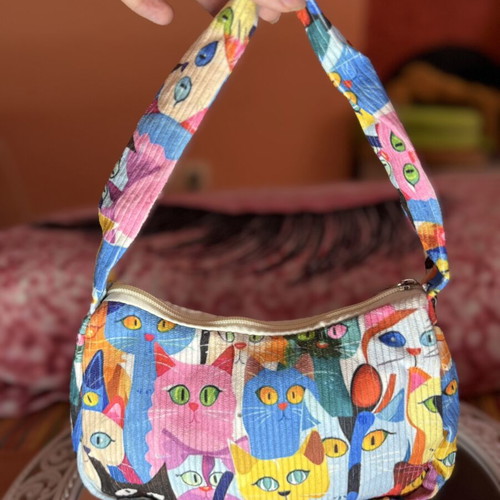 Handmade shoulder bag with colorful cat print, like new