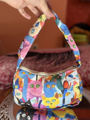 Handmade shoulder bag with colorful cat print, like new
