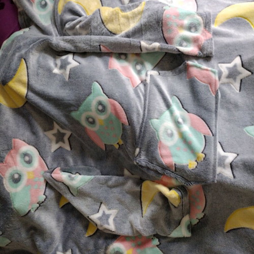 Fleece blanket with sleeves and pocket like new, owl and star design