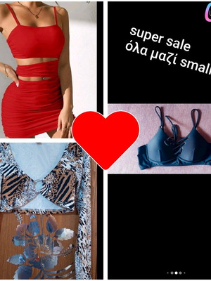 Red dress with ruching, leopard crop top and black bikini top like new, size S