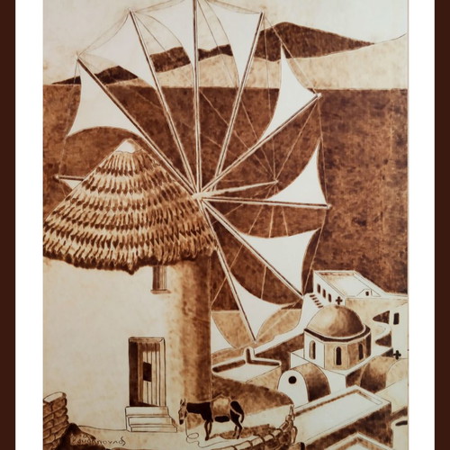 Mykonian Landscape pyrography painting new on linden wood