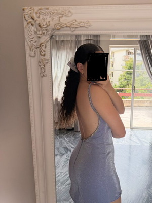 Chalina Mer lilac shimmer mini dress with open back XS like new