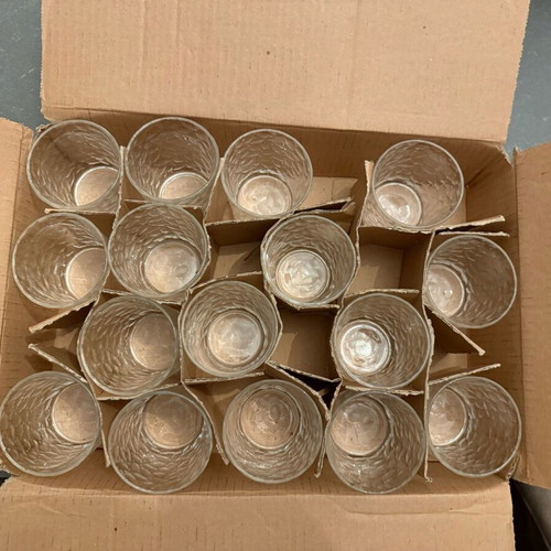 Set of 16 glass tumblers with embossed honeycomb design, new