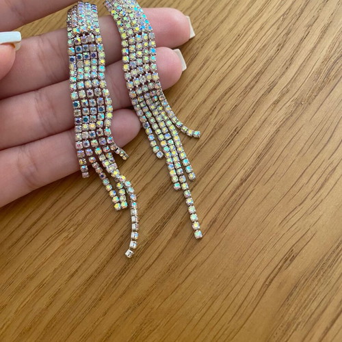 Asymmetric long evening earrings with rhinestones