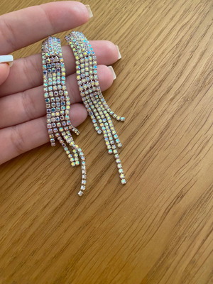 Asymmetric long evening earrings with rhinestones