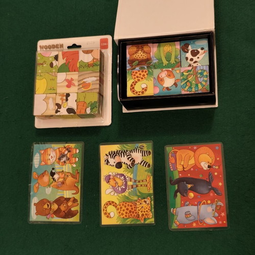 Wooden animal puzzle cubes set with guide cards, educational toy