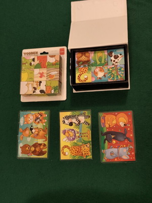 Wooden animal puzzle cubes set with guide cards, educational toy