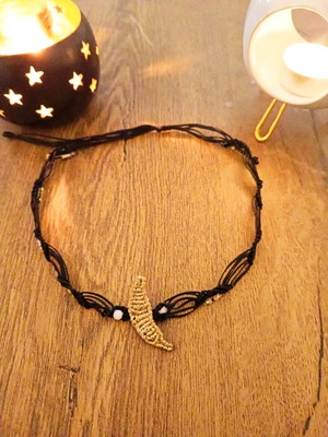 Handmade macrame bracelet with half-moon design new, black and gold