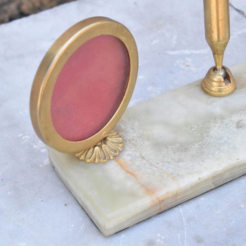 Vintage Onyx Desk Stand with Double Frame and Pen Holder used