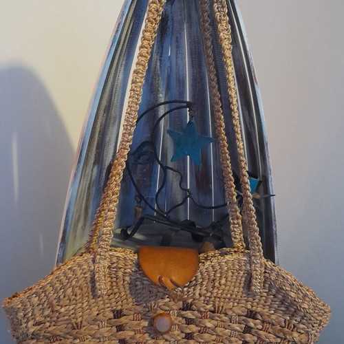 Oversized bucket bag used, straw with leather closure 40x30 cm