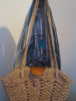 Oversized bucket bag used, straw with leather closure 40x30 cm