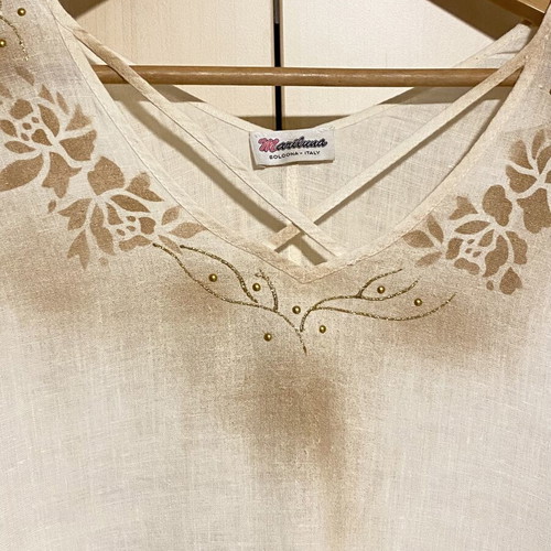 Mariluna Linen Long Dress New, White with Gold-Brown Details